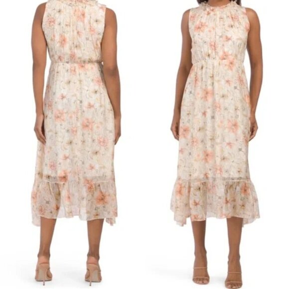 Le Ragazze Silk Floral Midi Dress Sleeveless Ruffles Tiered Formal Size Medium - Picture 1 of 16